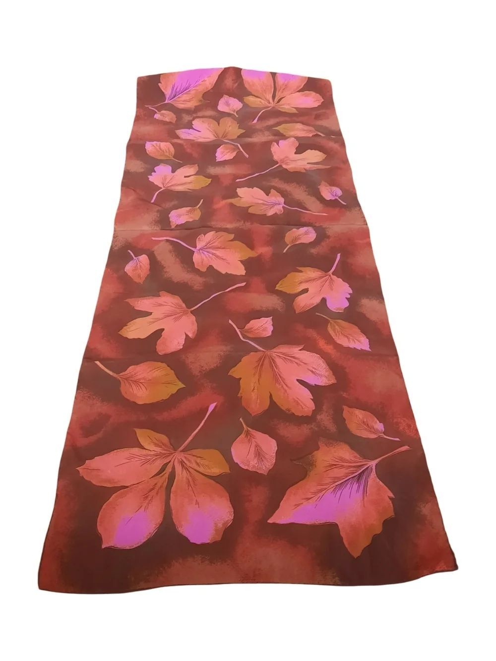 Autumn Leaf Print Long Scarf in Rust & Pink